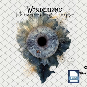 May include: A digital art piece featuring a detailed eye with a blue iris, surrounded by dark blue and gold accents. The text "Wonderland Photography Props" is at the top. A PSD file icon is in the lower right corner.