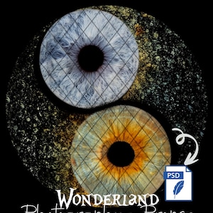 Op de afbeelding: Digitale afbeelding met twee gedetailleerde irisontwerpen, één blauw en één amber, gerangschikt in een yin-yang compositie tegen een zwarte achtergrond. De tekst "Wonderland Photography Props" staat onderaan, met een PSD-bestandspictogram.