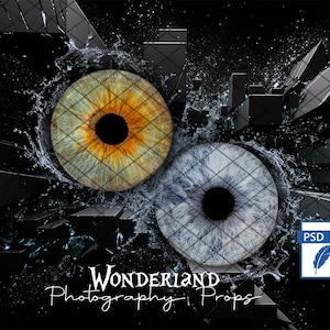 Puede incluir: Imagen digital artística con dos diseños de iris estilizados, uno dorado-marrón y otro azul-gris, sobre un fondo oscuro y abstracto con salpicaduras de agua y formas geométricas. El texto "Wonderland Photography Props" es visible.