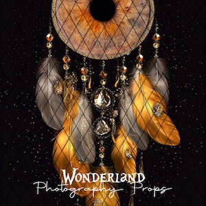 May include: A gold dreamcatcher with a brown eye-shaped center and feathers hanging from it. The dreamcatcher is against a black background with gold glitter.