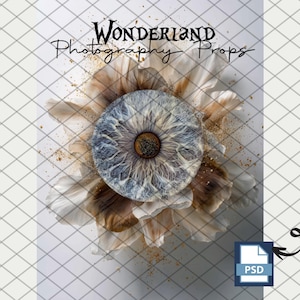 Puede incluir: Un accesorio de fotografía digital con un diseño detallado de ojo en el centro, rodeado de un arreglo floral. La imagen incluye el texto "Wonderland Photography Props" y un icono de archivo PSD.