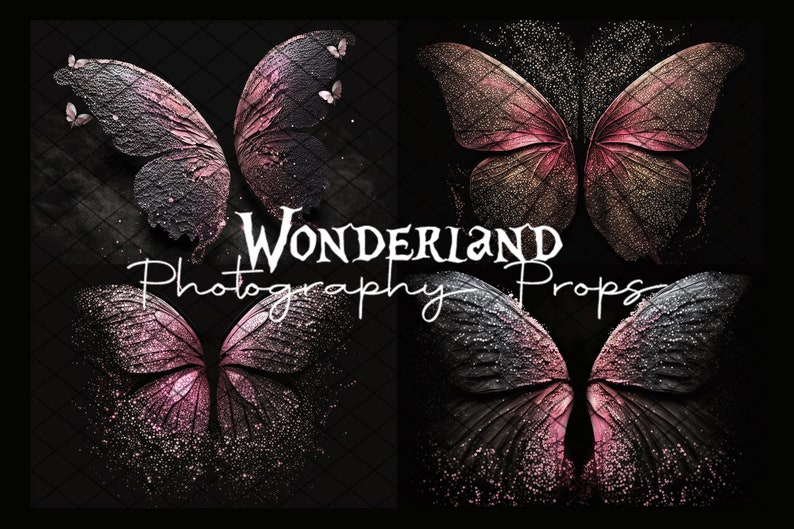 Puede incluir: Cuatro im&aacute;genes digitales de alas de mariposa rosa y negra con purpurina. Las im&aacute;genes son para usar como accesorios de fotograf&iacute;a. El texto "Wonderland Photography Props" est&aacute; en el centro de la imagen.