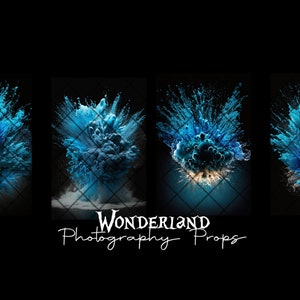 Peut inclure: Quatre images d'explosions de peinture bleue sur un fond noir. La peinture est éclaboussée dans une variété de formes et de tailles, créant un effet dynamique et abstrait. Les images sont parfaites pour être utilisées comme accessoires de photographie ou arrière-plans.