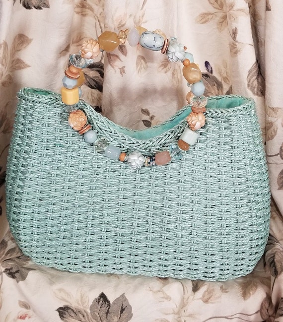 Pastel Straw Summer Purse with Beaded Handles