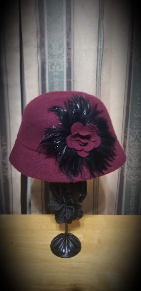 Burgundy Wool Felted Bucket Hat with Feather Flowe