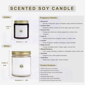 Vela de soja perfumada, tamanho de vela em pacote I Velas de soja I Modelo de tamanho de vela âmbar I Modelo para velas I Tabela de tamanhos de velas I PNG I PDF