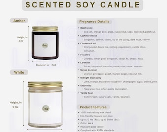Tableau des tailles des bougies de soja parfumées : guide des parfums (PNG, PDF)