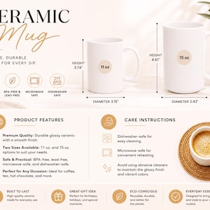 May include: Two white ceramic mugs in 11 oz and 15 oz sizes. The 11 oz mug is 3.74 inches high with a 3.15 inch diameter. The 15 oz mug is 4.61 inches high with a 3.43 inch diameter. Features include glossy finish, BPA-free, lead-free, microwave and dishwasher safe.