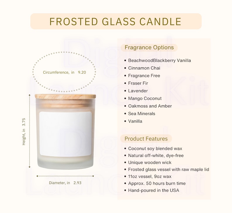 Peut inclure: Une bougie en verre d&eacute;poli avec un couvercle en bois et une &eacute;tiquette blanche vierge. Les dimensions sont de 9,53 cm de hauteur, 7,44 cm de diam&egrave;tre et 23,37 cm de circonf&eacute;rence. Les parfums incluent BeachwoodBlackberry Vanilla, Cinnamon Chai, etc.