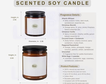 Tabla de tallas de velas de soja ámbar: Guía de fragancias (imprimible)