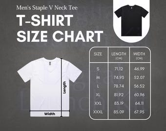 May include: A size chart for a V-neck t-shirt. The chart shows the length and width in centimeters for sizes S, M, L, XL, XXL, and XXXL.