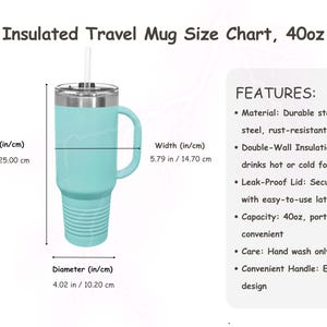 Taza de viaje, tabla de tallas de 40 oz I Guía de tazas de viaje con asa I Taza de viaje personalizada I Tabla de tallas de vasos I Maquetas de vasos I Imprimibles