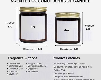 Guía de tamaños de velas de coco y albaricoque: Tabla de velas de soja perfumadas (descarga digital)