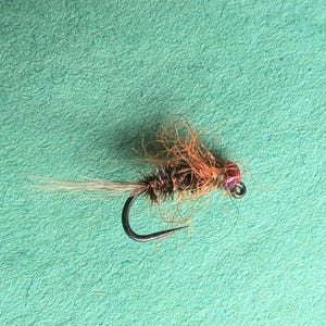May include: A brown and orange fly fishing lure with a red bead and a black hook.