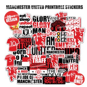 Puede incluir: Una colección de pegatinas imprimibles del Manchester United en rojo y blanco. Las pegatinas presentan el logotipo del equipo, diseños de camisetas y frases como "Glory Glory Man United" y "Come on you Reds!" Las pegatinas son de varias formas y tamaños.