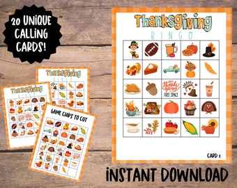 Thanksgiving Bingo Game: 20 Unique Cards, Family Activity (Digital Download)