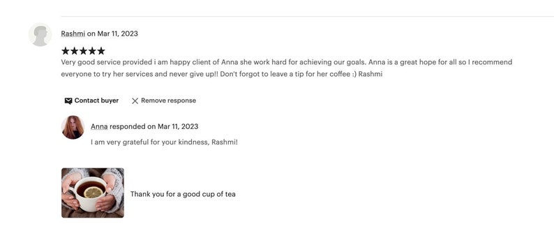 May include: A screenshot of a customer review on a website. The review is positive and mentions the service provider's hard work and dedication. The reviewer also encourages others to try the service and leave a tip for the service provider.