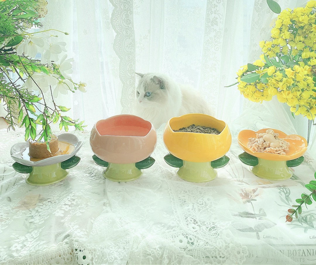 Flower Cat Bowl Ceramic Cat Bowl Tall Food Bowl Cute Cat Etsy