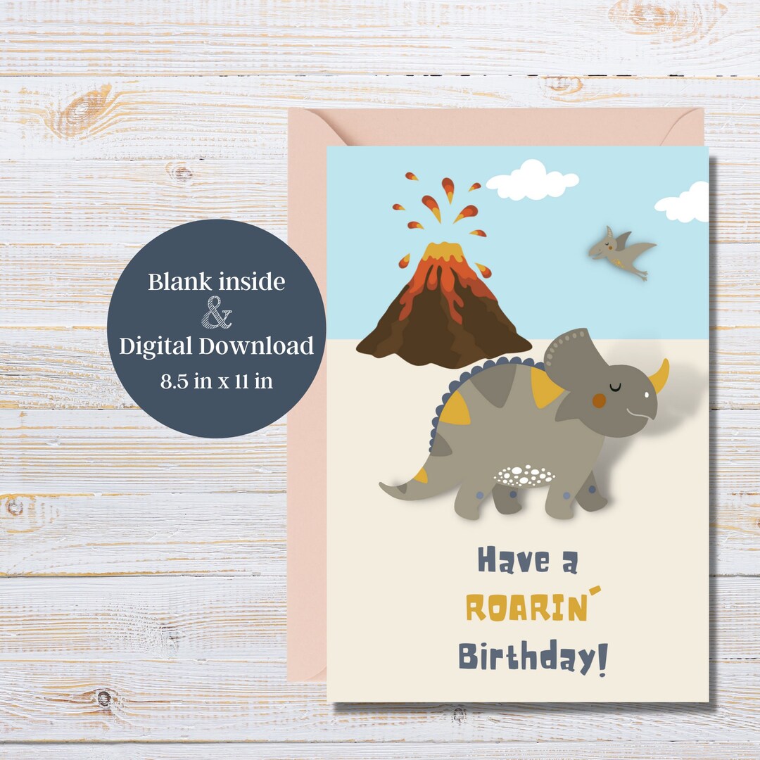 Birthday Card Printable Dinosaur Birthday Card Birthday Etsy