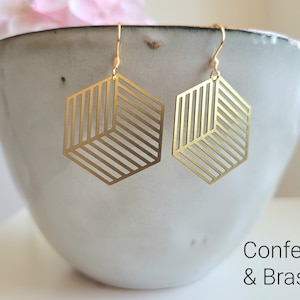 Gold earrings with geometric hexagon pendant and stainless steel ear hooks