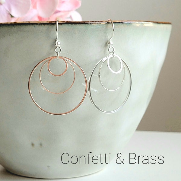 Boucles d'oreilles en argent avec 3 anneaux et crochets d'oreilles en acier inoxydable