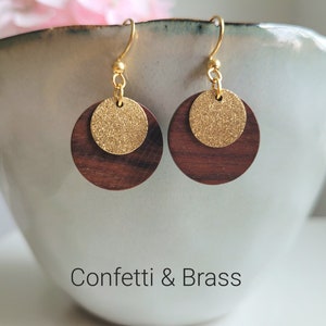 Earrings with wood and glitter plates and stainless steel ear hooks, wooden earrings