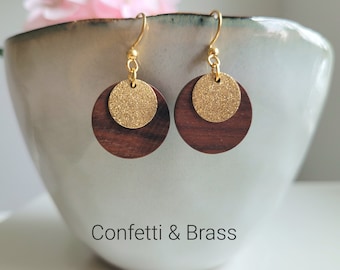 Earrings with wood and glitter plates and stainless steel ear hooks, wooden earrings