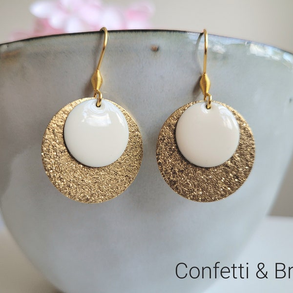 Golden earrings with ivory enamel and glitter disc with stainless steel ear hooks