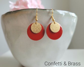 Red earrings with enamel and gold glitter plates and stainless steel ear hooks