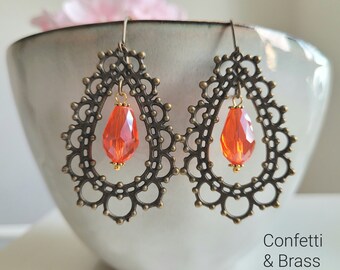 Large brass earrings with drop pendant and glass bead drop shape