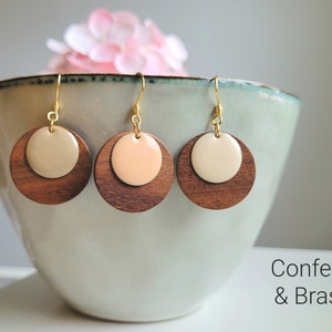 Wooden earrings with enamel plates and stainless steel ear hooks