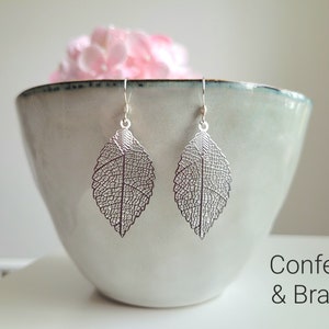 Delicate earrings with silver leaves, filigree leaf earrings with stainless steel ear hooks