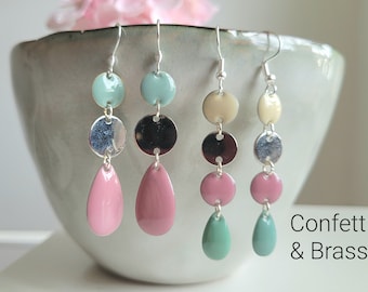 Elongated enamel earrings with silver, dusty rose and mint pastel colors with stainless steel earwires