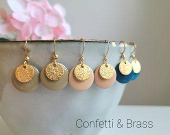 Earrings with enamel in beige/taupe/petrol and gold glitter plates and stainless steel ear hooks