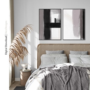 Schwarz-Weiß-Set mit 2 Wandkunstdrucken, abstrakte Schlafzimmerkunst, neutrales Galeriewandkunst-Set, minimalistische zeitgenössische Drucke für Wohnzimmer