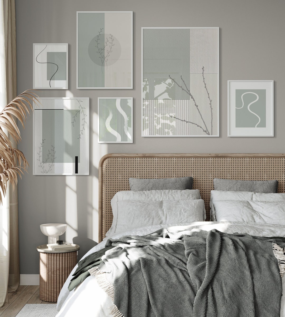 Sage Green Living Room Wall Art Set of 6 Prints, Boho Abstract Nature ...