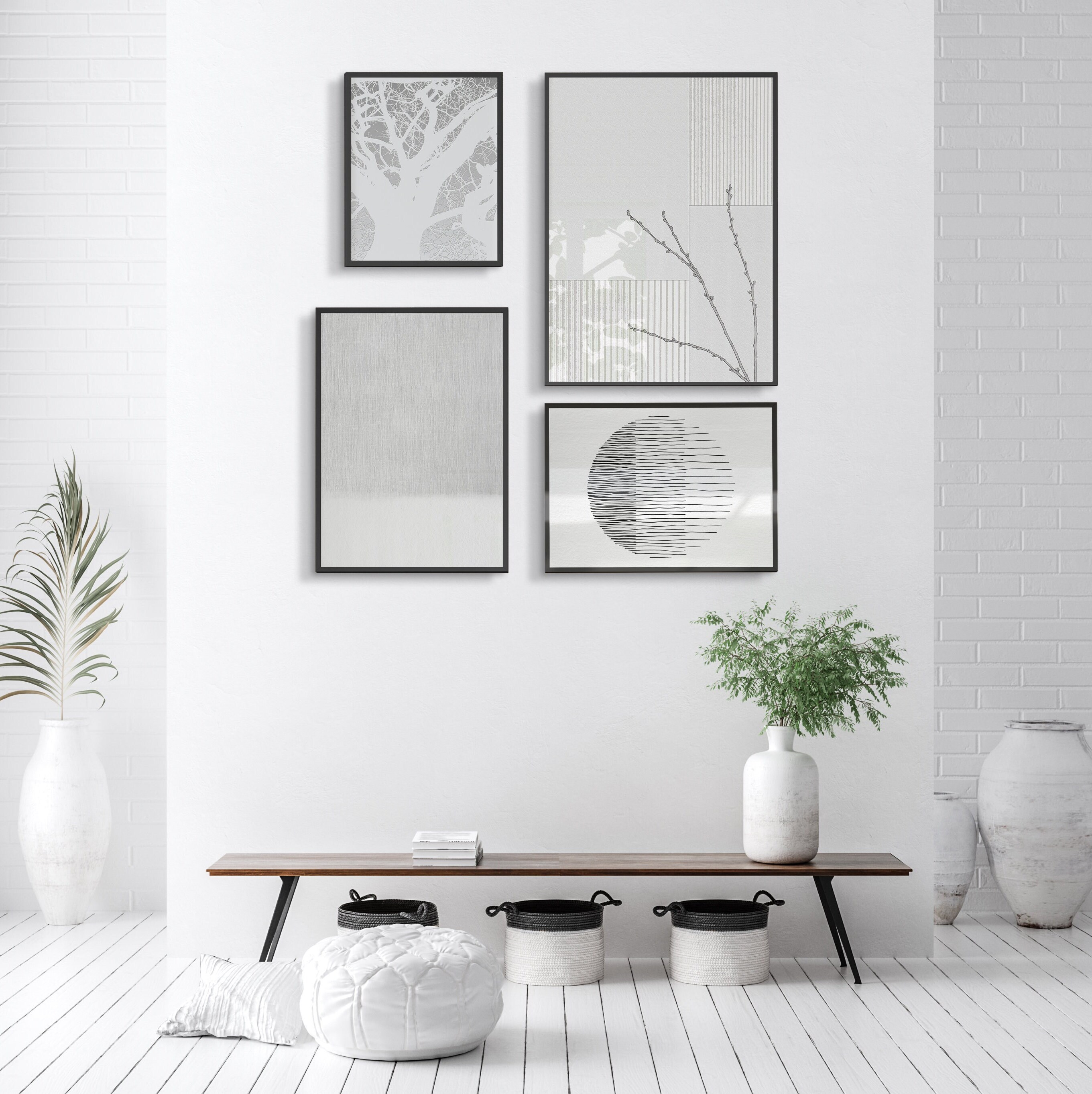 Black and White Gallery Wall Art Set of 4 Prints, Relaxing Bedroom and