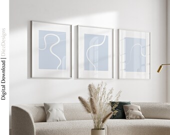 Light Blue Abstract Wall Art Set, Japandi Brush Stroke Prints (Digital Download)