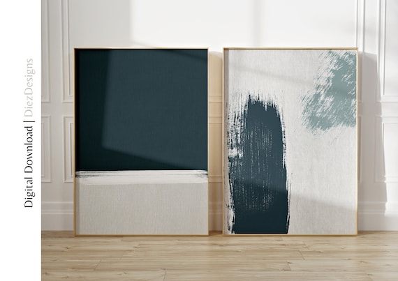 Dark Navy Blue Set of 2 Minimalist Japandi Prints, Two Large Relaxing Bedroom Paintings, Abstract Aesthetic Textured Living Room Wall Art