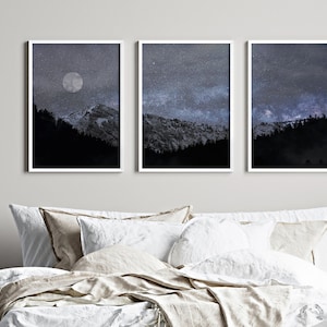 Triptych Canvas Night Sky Wall Art Digital Print, Set of 3 Mountain Art Downloads, Modern Gallery Wall Prints, Minimalist Mountain Wall Art