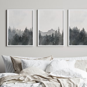 Triptych Wall Art, 3 Piece Forest Wall Art Print, Set of 3 Forest Landscape Art, Watercolor Mountain Drawing, Gallery Wall Art Decor Set