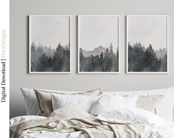 Triptych Forest Wall Art Print, Watercolor Mountain Landscape (Digital Download)