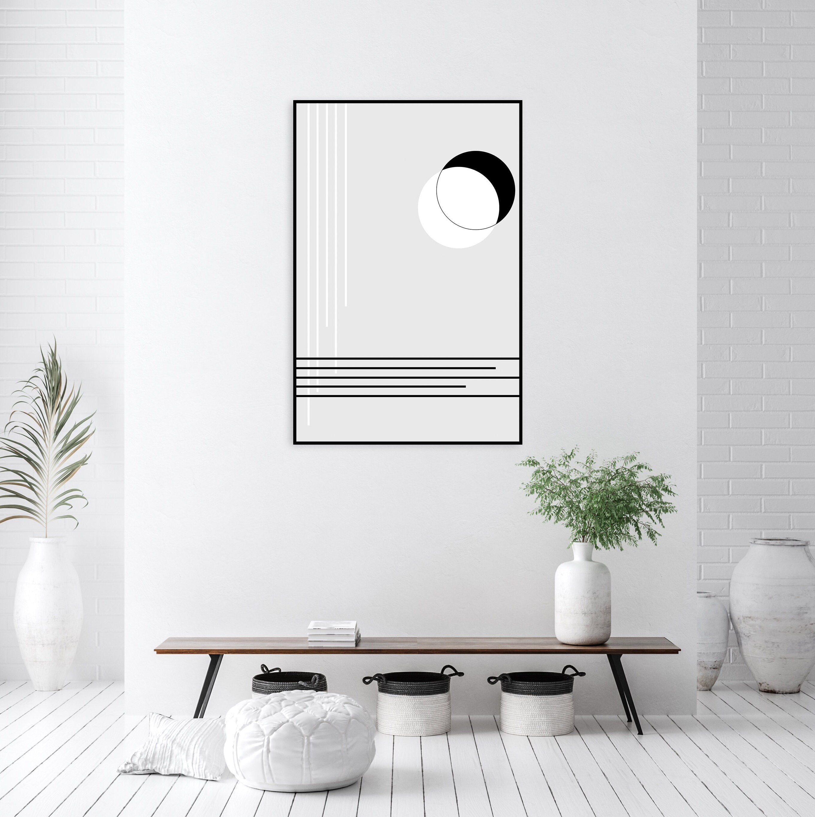 White Japandi Interior Design For Geometric Lined Wall Art Reference: Black And White Japandi Art Print Bauhaus Poster Print Large