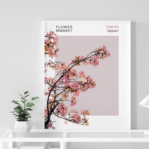 Flower Market Tokyo Poster Print, Aesthetic Botanical Pink Poster, Sakura Print, Japanese Cherry Blossom Art Decor, Flower Market Wall Art