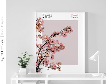 Flower Market Tokyo Poster Print, Aesthetic Botanical Pink Poster, Sakura Print, Japanese Cherry Blossom Art Decor, Flower Market Wall Art