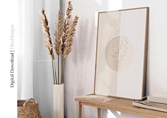 Large Calming Wall Art, Neutral Beige Japandi Decor, Relaxing Bedroom Art, Earth Tone Zen Botanical Line Art, Geometric Minimalist Print