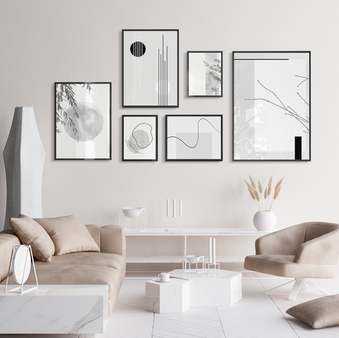 Black and White Gallery Wall Art Set of 6 Prints, Nordic Art Printables