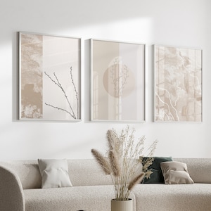 Beige Abstract Set of 3 Wall Art Prints, Earth Tone Japandi Minimalist Gallery Wall Art Decor, Large 3 Piece Aesthetic Wavy Wall Art Set