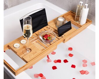 Bamboo Extendable Bath Tray - Bathtub Storage Rack, Adjustable Bath Caddy Home For Spa Wooden Bath Tray With Phone, Candle Wine Glass Holder