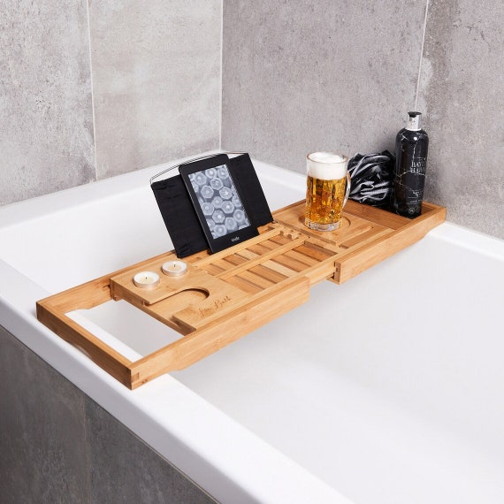 Beautify Bath Caddy 100% Natural Bamboo Wooden Bridge Tray Adjustable Extendable Luxury Wood Over Tub Rack With Wine Fits Most Bath Sizes Tablet and Phone Holder 